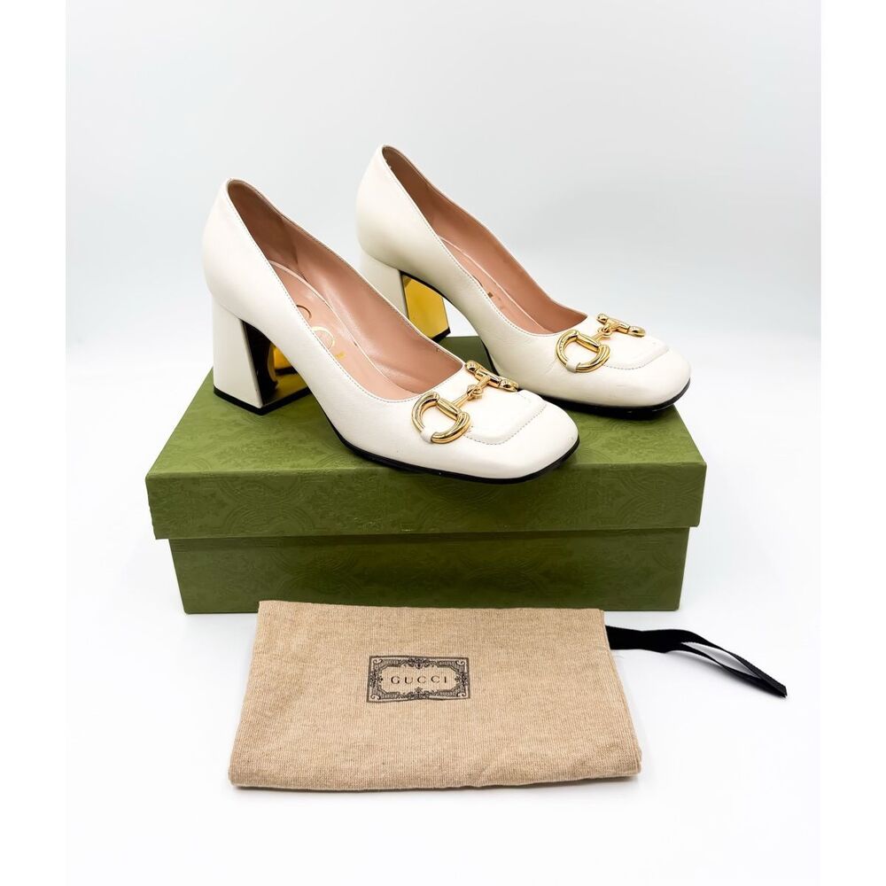 Gucci Baby Horsebit Loafer Pumps Size 38 US 9 White Block Heel Square Toe